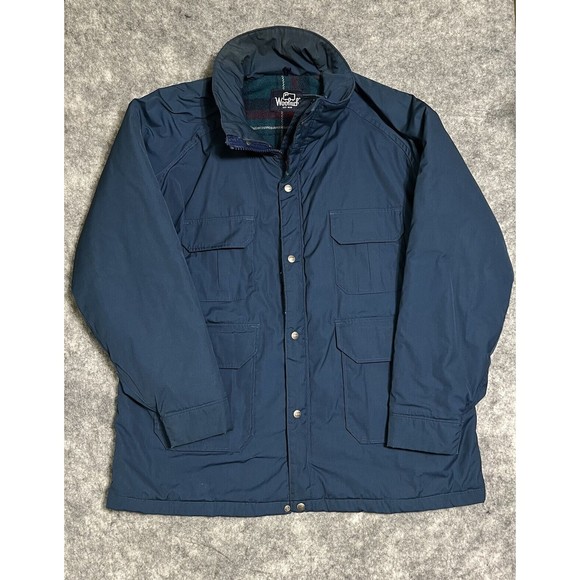 VTG Woolrich Chore Coat Mens L Blue Down Tartan Plaid Flannel Lined Barn Jacket - Picture 1 of 17